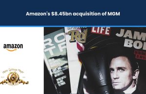 Amazon Finalizes $8.5B MGM Studios Acquisition Amazon Prime Video logo displayed on a screen with MGM's iconic lion logo beside it, symbolizing the merger of the two entertainment giants.