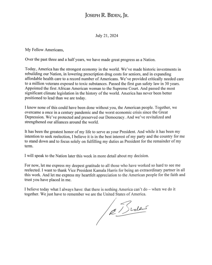 Joe Biden Withdrawal Announcement July