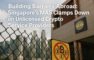 MAS Cracks Down on Unlicensed Digital Lenders MAS building in Singapore with digital payment icons and a gavel symbolizing regulatory action against unlicensed lenders.