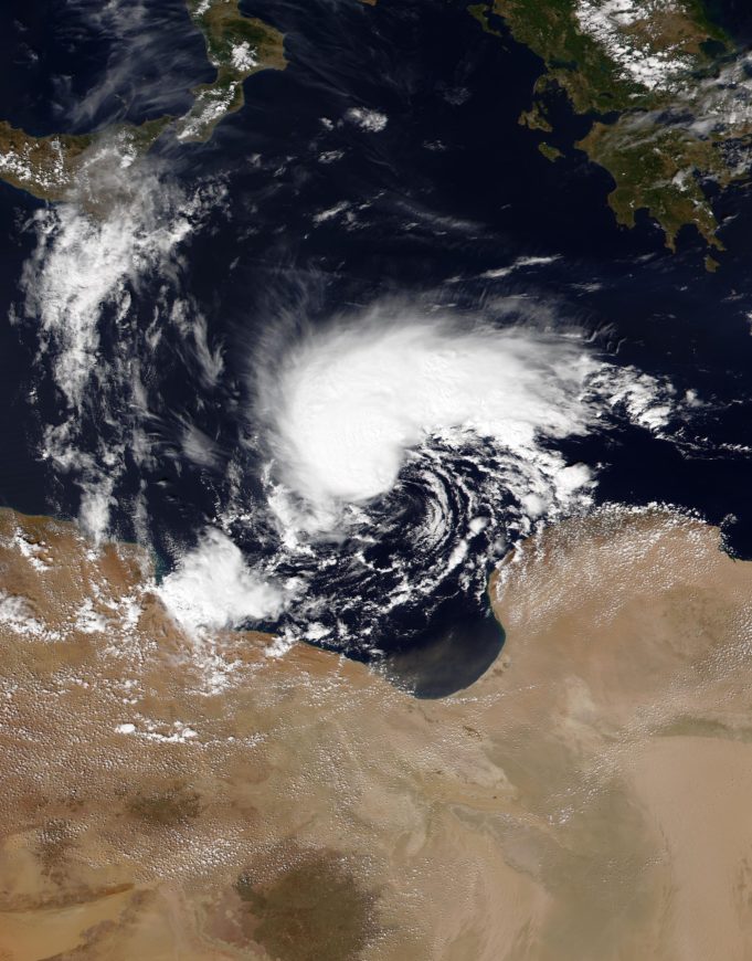 Satellite image of Storm Daniel Aerial view of Derna, Libya, showing submerged neighborhoods and destroyed buildings after dam collapses caused by Storm Daniel.