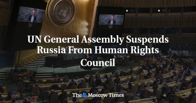 Un General Assembly Russia Suspension UN General Assembly chamber with delegates voting on a resolution to suspend Russia from the Human Rights Council.